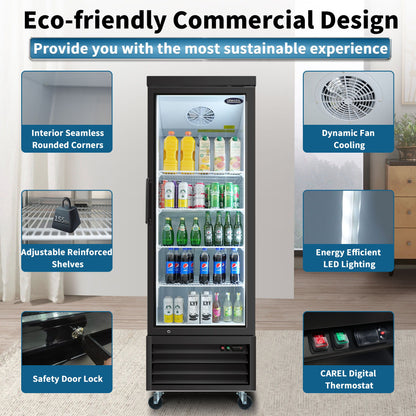 Glass Door Merchandiser Refrigerator 19.2 Cu.Ft Swing Door Commercial Display Refrigerators Merchandising Refrigeration With LED Top Panel - Black