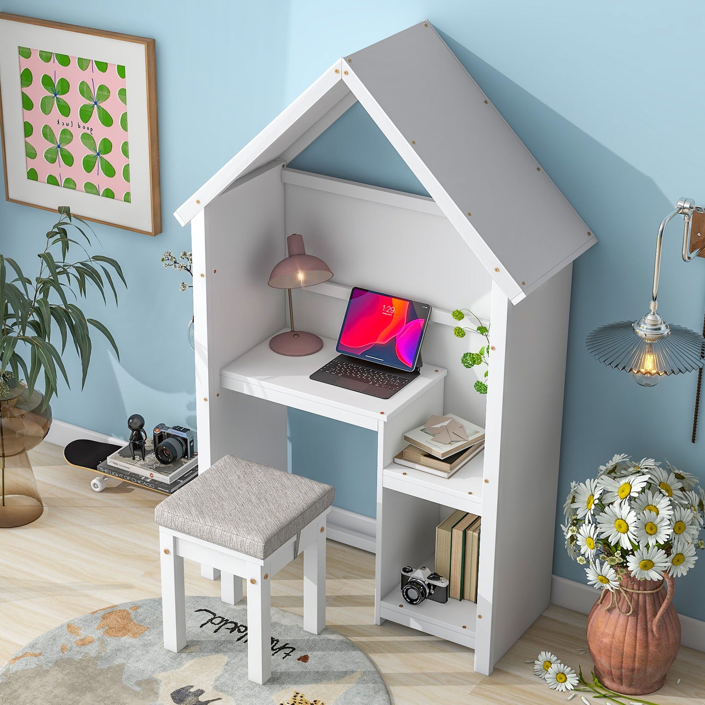 House-Shaped Kids Desk With A Cushion Stool, House-Style Desk And Stool Set