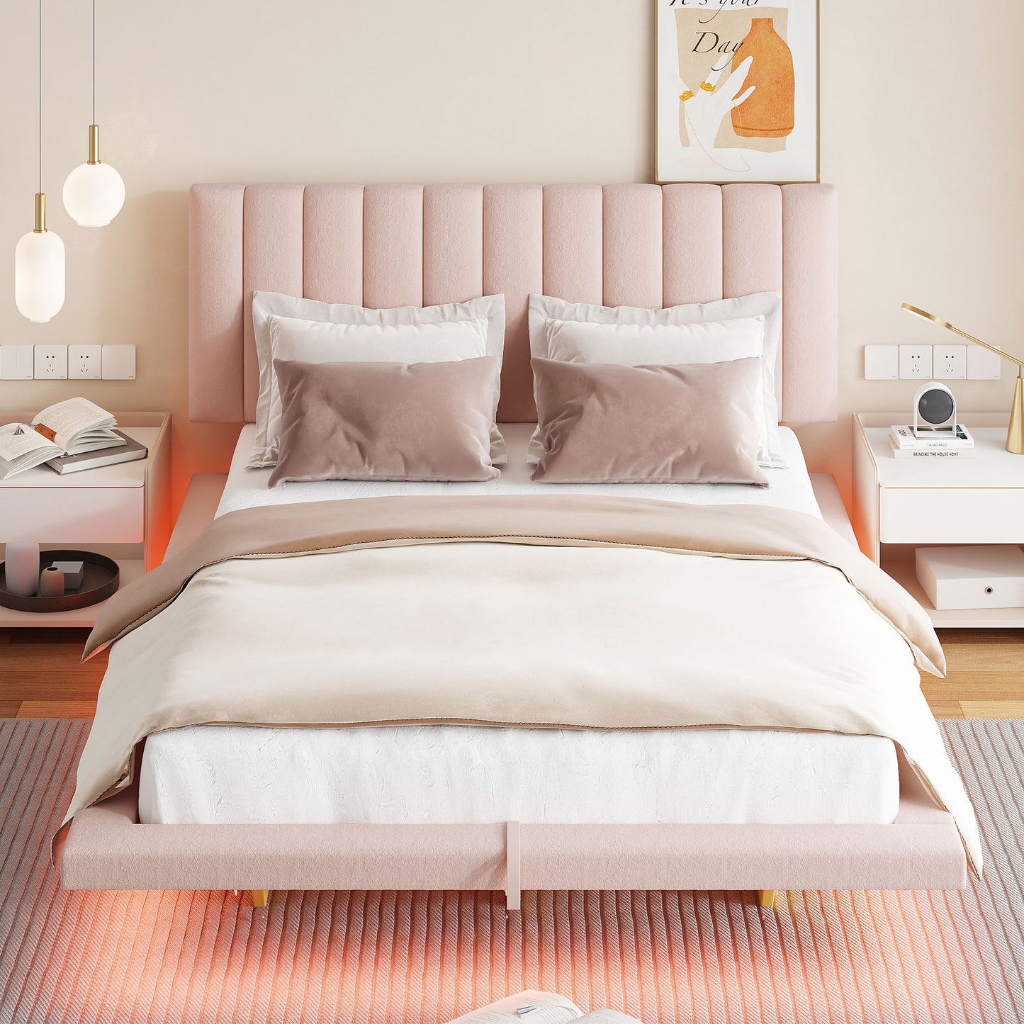 Upholstered Floating Hydrualic Platform Bed With LED Light And USB Port