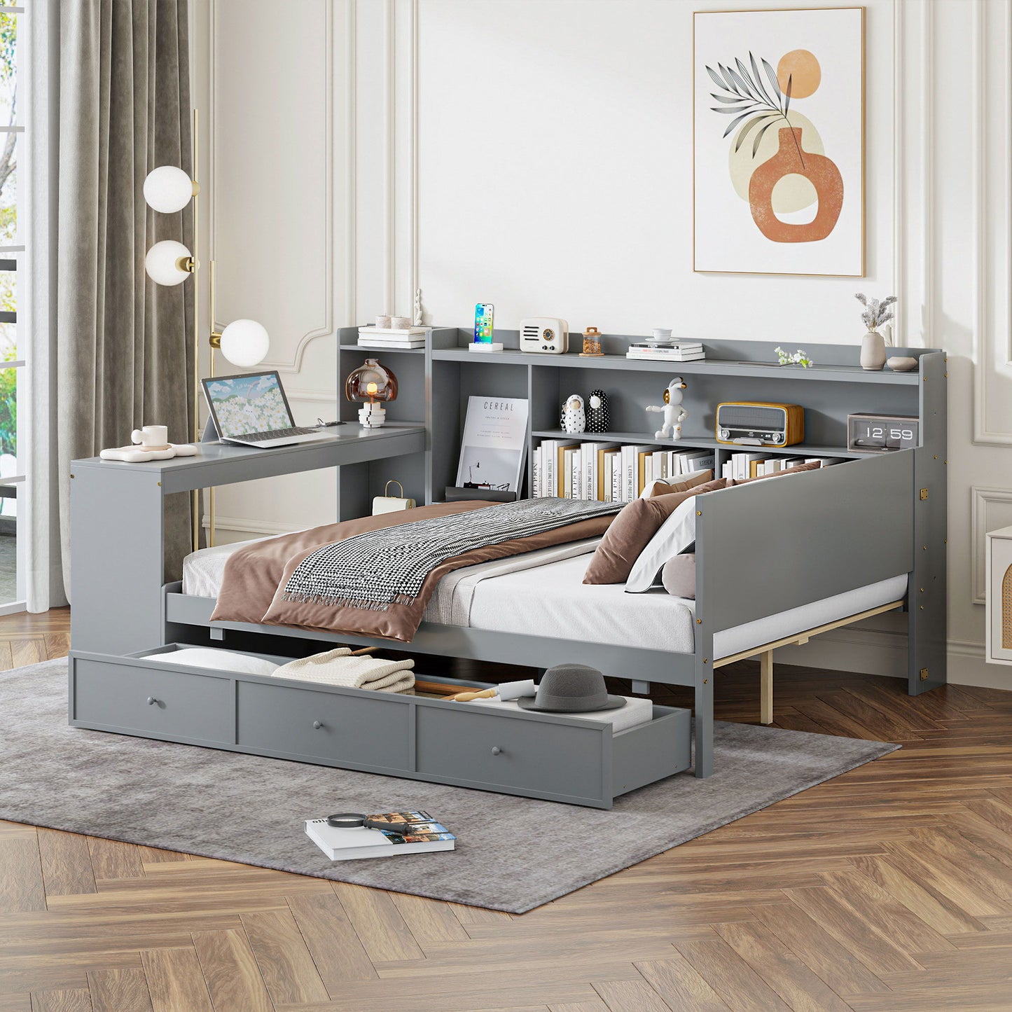 Wooden Daybed With 3 Drawers, USB Ports And Desk