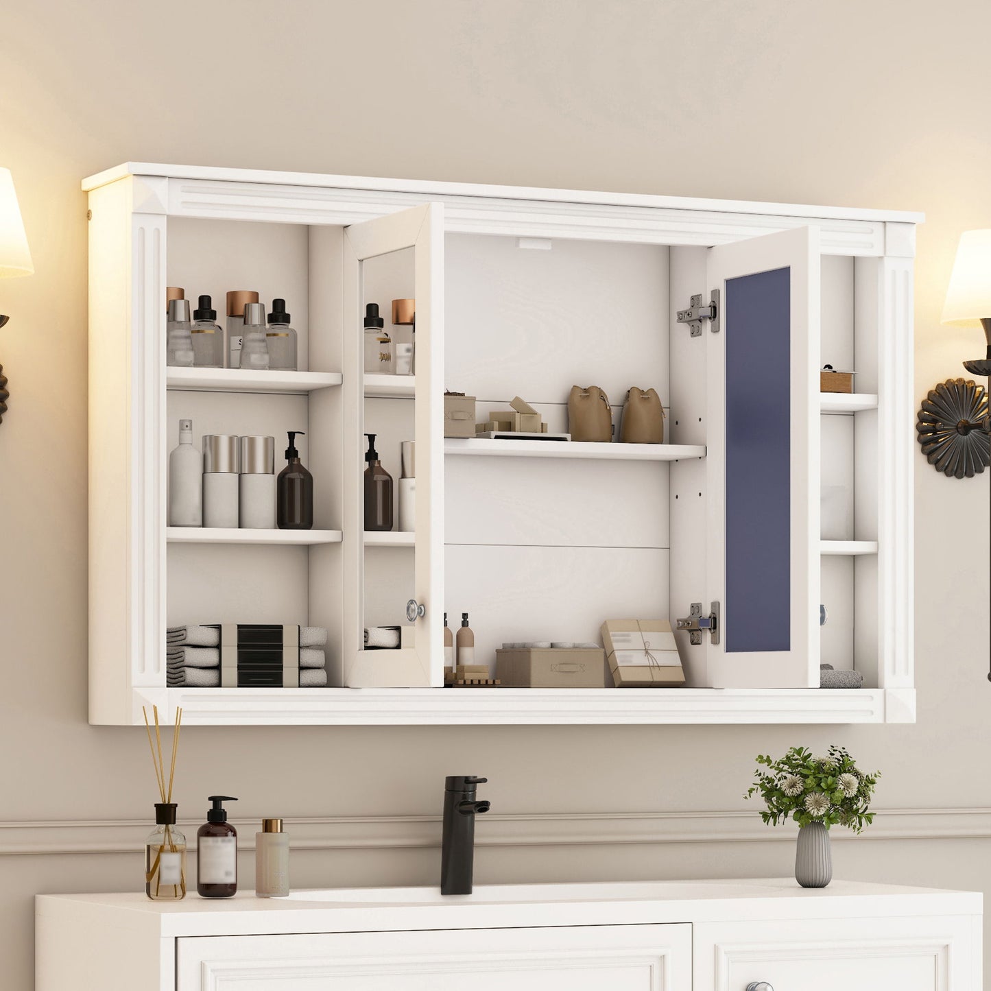 Wall-Mounted Mirror Cabinet With Adjustable Shelf And Open Shelves