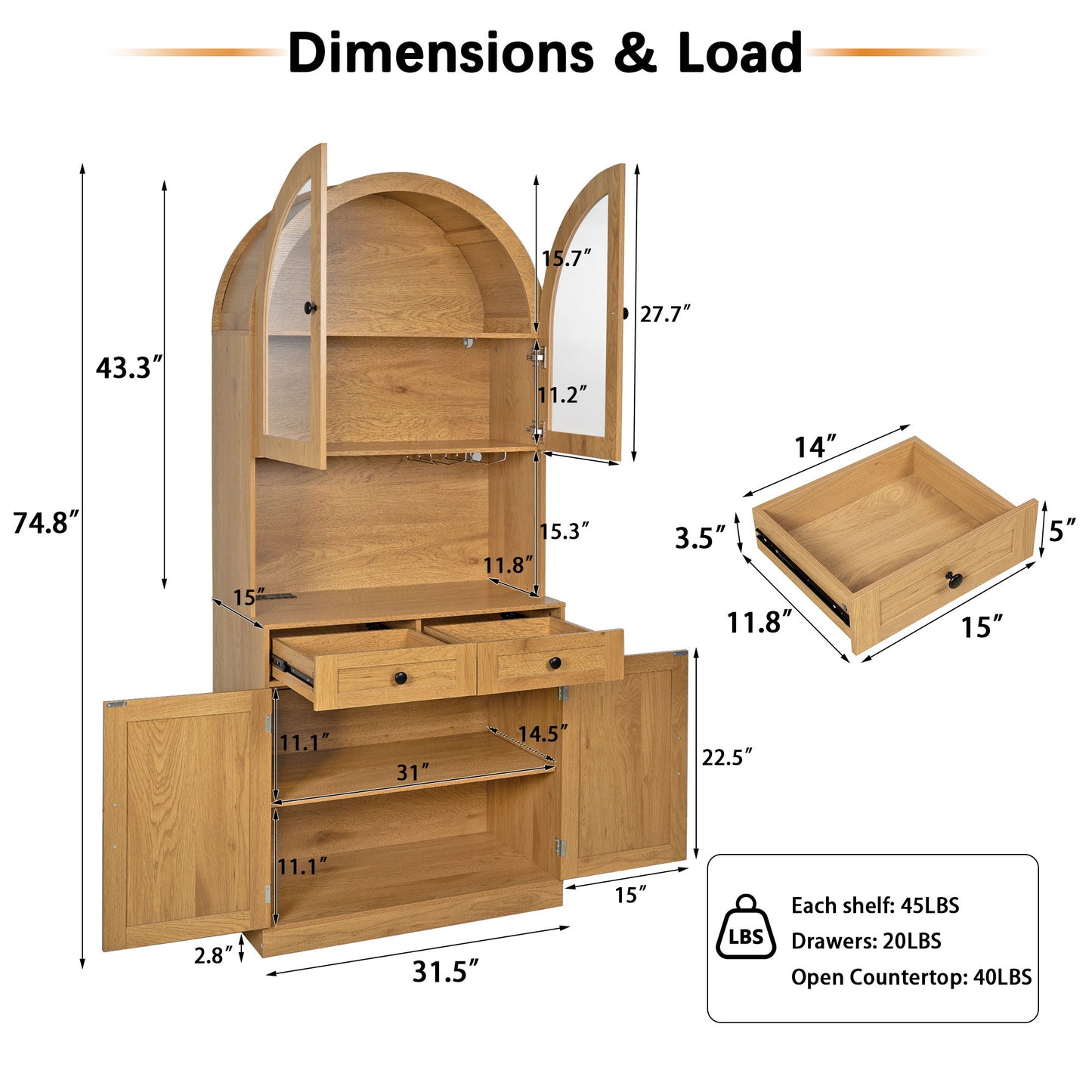 Tall Arched Pantry Cabinet With Charging Station, Adjustable Shelves, Coffee Bar