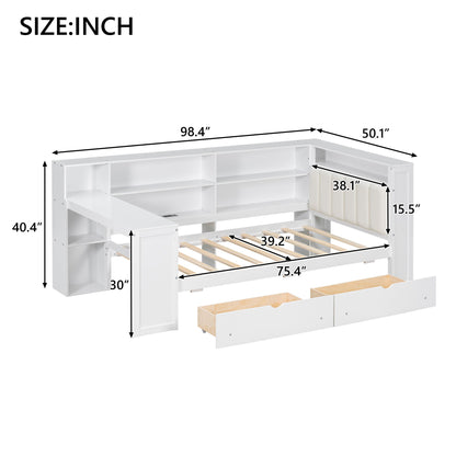 Platform Bed With Upholstered Headboard, Storage Shelves, Drawers, Charging Station, LED Lighting, Built In Desk
