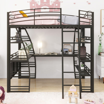 Loft Bed With 4 Layers Of Shelves And L-Shaped Desk, Stylish Metal Frame Bed With A Set Of Sockets, USB Ports And And Wireless Charging