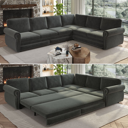 L-Shaped Sofa Couch With Pull Out Bed With Nailhead Trim & Rolled Arm