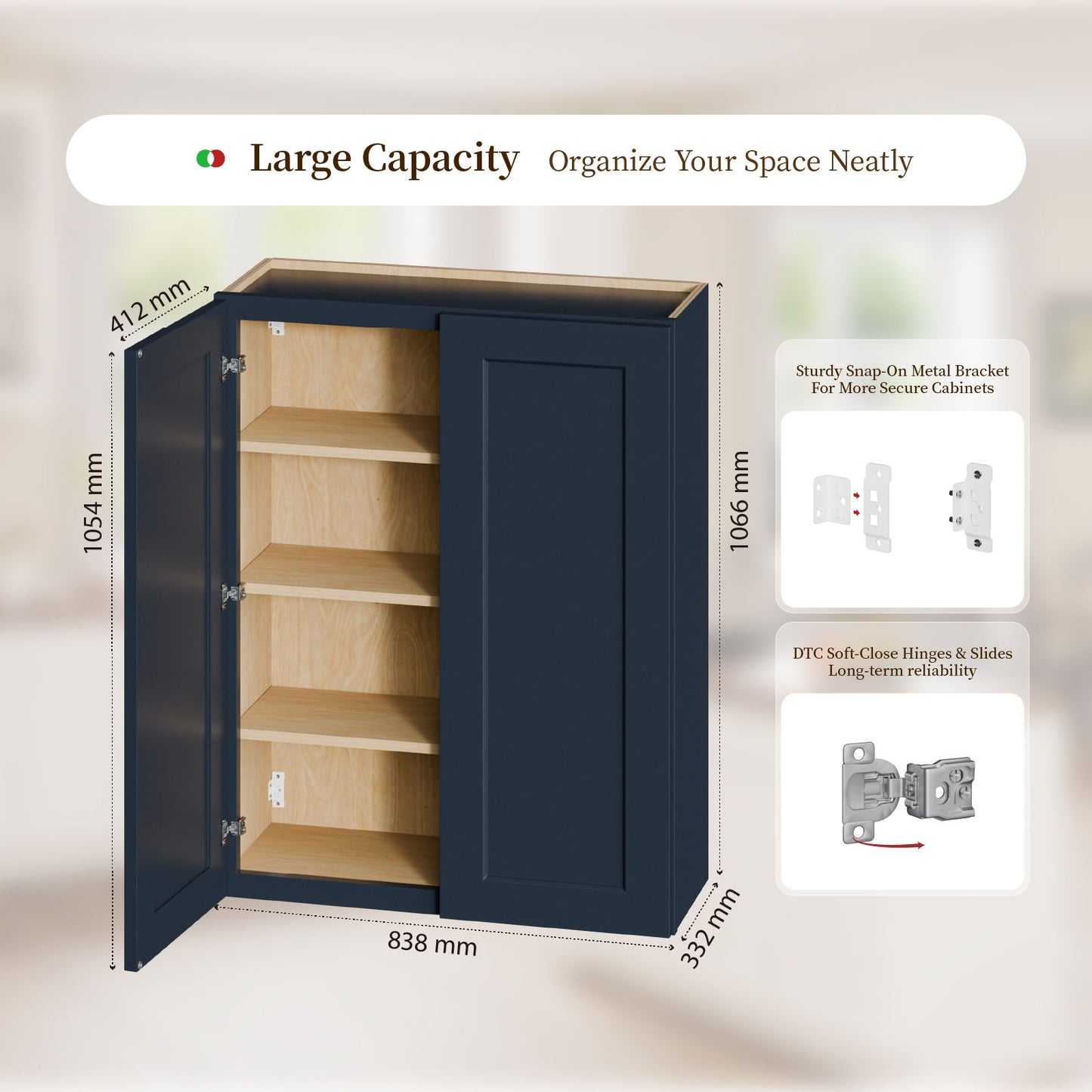 Shaker Wall Cabinet With Soft Close Hinges, Adjustable Shelves, Double Door