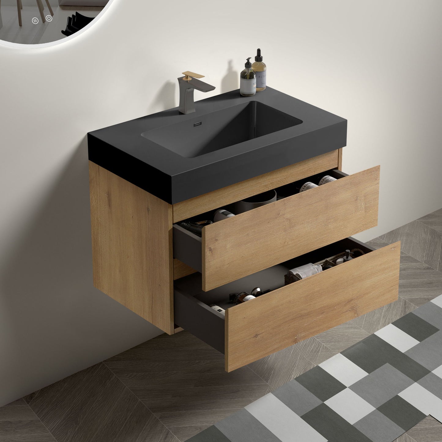 Alice - Natural Oak Bathroom Vanity With Sink, Large Storage Wall Mounted Floating Bathroom Vanity For Modern Bathroom, One-Piece Sink Basin Without Drain