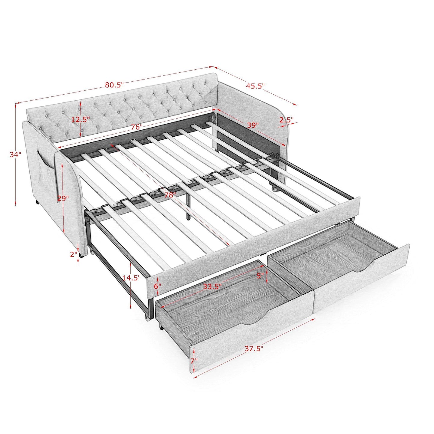 Daybed With Trundle And Storage Drawers, Flat Arms With Pocket