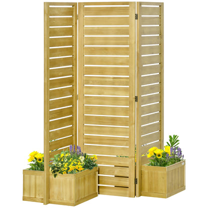 Outsunny - Freestanding Outdoor Privacy Screen, 4 Self-Draining Planters / Raised Garden Beds, 3 Hinged Panels For Hot Tub, Patio, Backyard, Deck - Natural