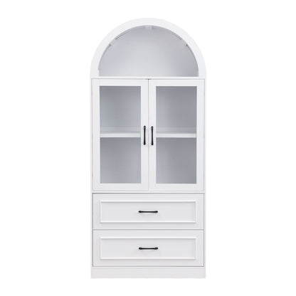 Arched Top Storage Cabinet With Fixed 2 Tier Shelves, 2 Large Drawers