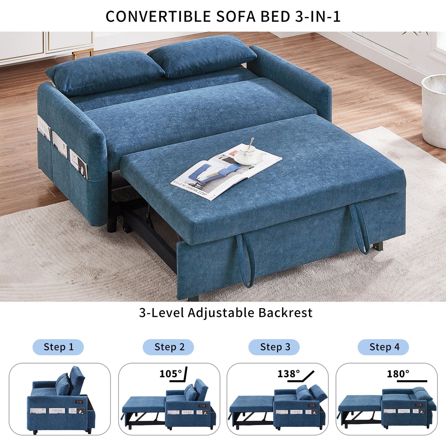 Pull Out Sleep Sofa Bed Loveseats Sofa Couch With Adjsutable Backrest, Storage Pockets, 2 Soft Pillows, USB Ports For Living Room, Bedroom, Apartment, Office