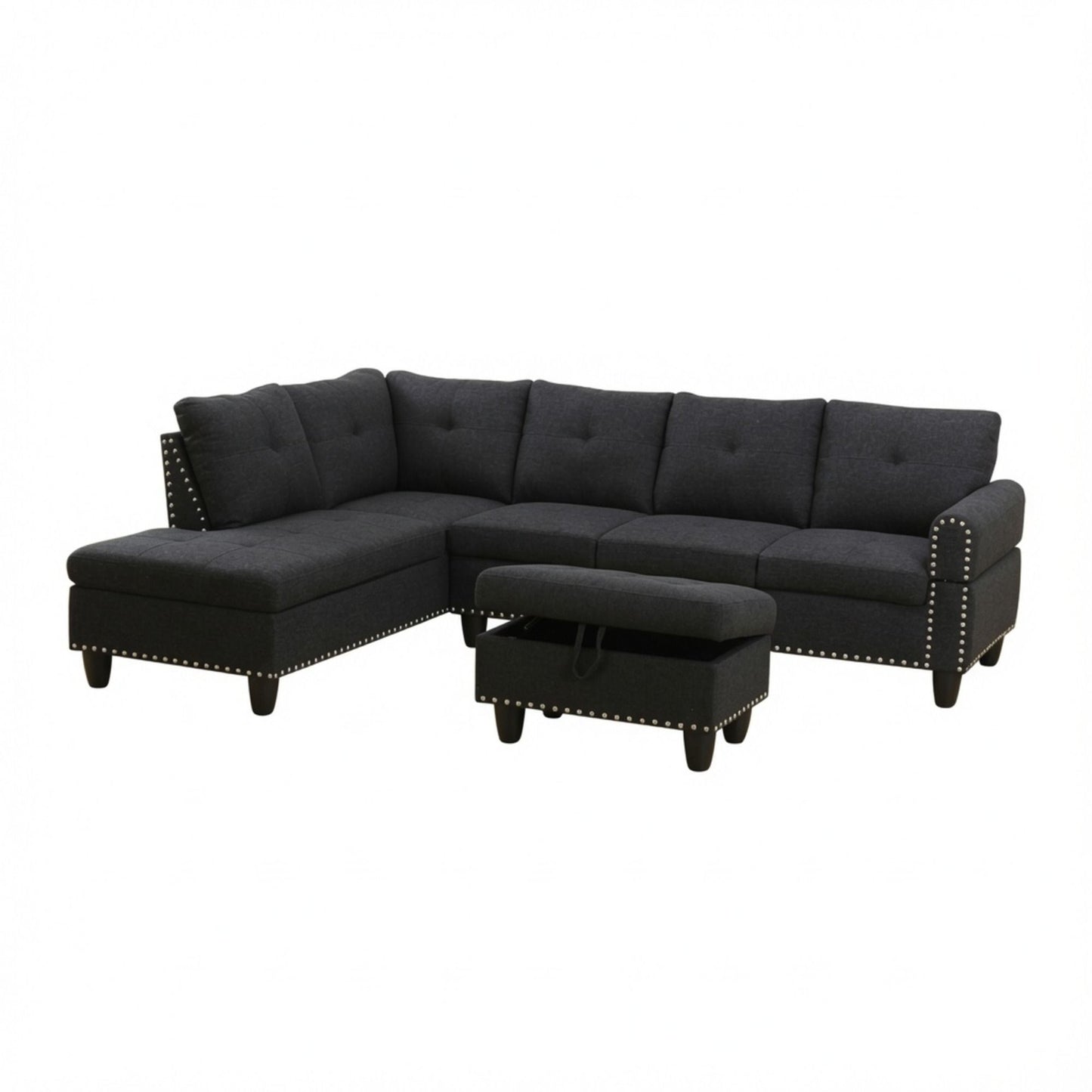 L - Shaped 3 Piece Sectional Sofa With Chaise, Storage Ottoman & Cup Holders