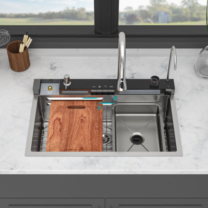 Kitchen Waterfall Sink Single Bowl With LED Faucet, Ledge Workstation, And Multi Function Pull Out Spray - Brushed Nickel