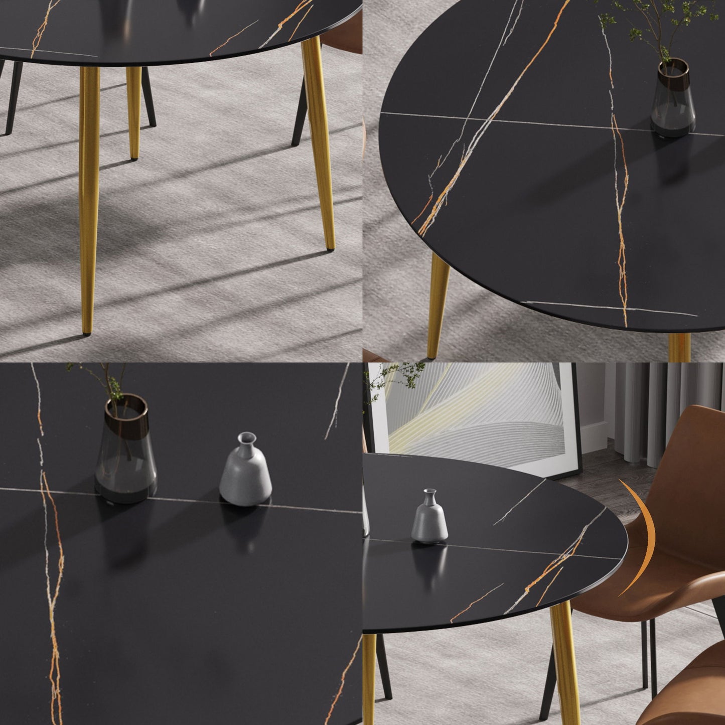 Modern Artificial Stone Round Dining Table With Golden Metal Legs, Can Accommodate 6 People - Black