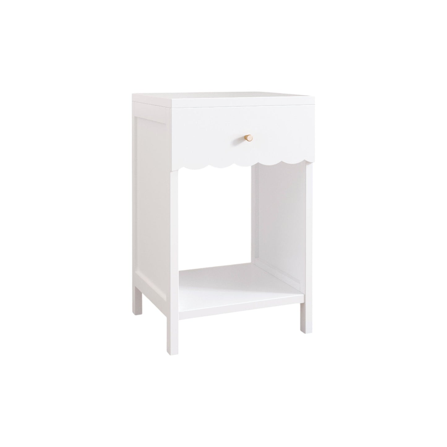 Nightstand With Drawer And Open Shelf, Scalloped Edge Bedside Table