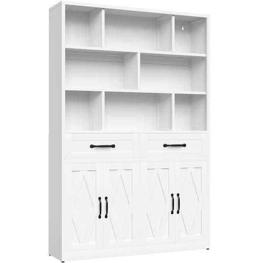 Bookcase Tall With 2 Doors & 2 Drawers, Fixed Open Shelves - White