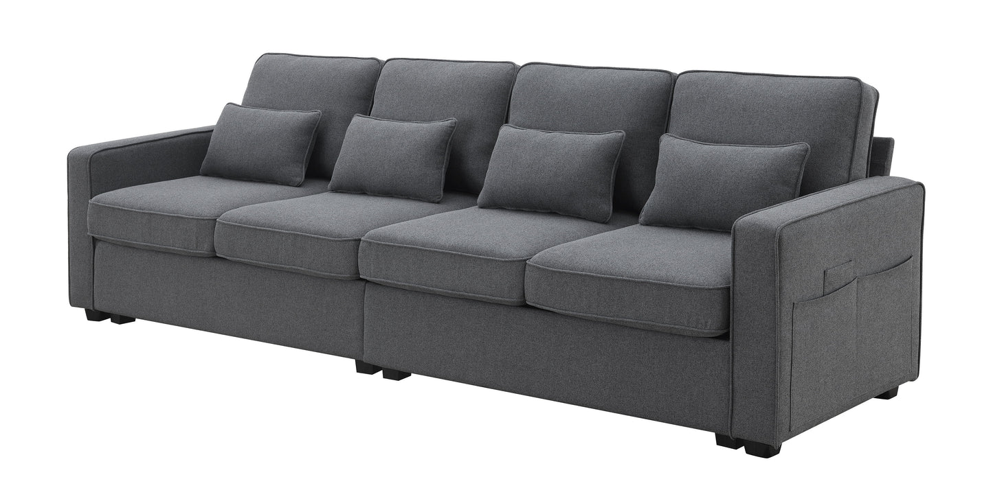 4 Seater Modern Linen Sofa With Armrest Pockets And 4 Pillows, Minimalist Style Couch For Living Room