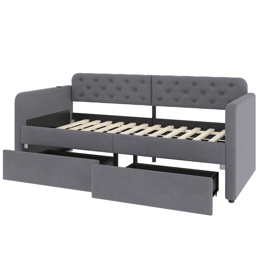 Twin Size Upholstered Daybed With 2 Storage Drawers And USB Charging Design - Gray