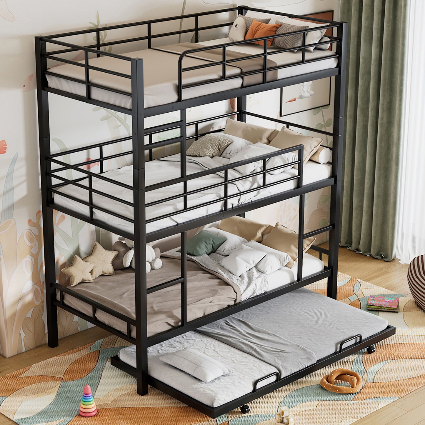 Triple Bunk Bed With Trundle, Heavy Duty Steel Construction