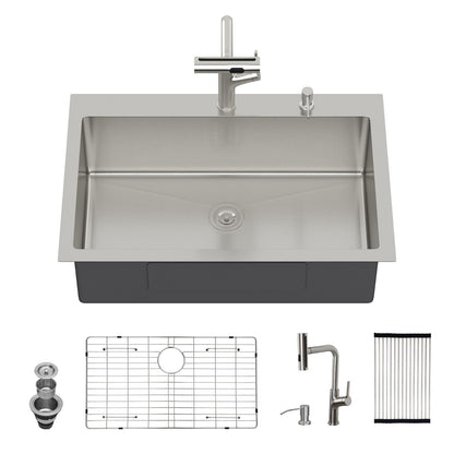 30" Single Bowl Drop In Kitchen Sink With Pull Out Faucet And Soap Dispenser - Brushed Nickel