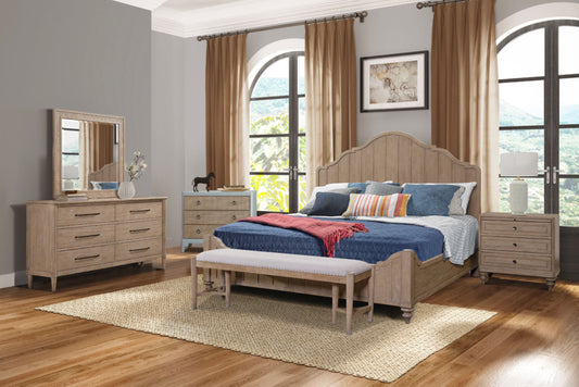 Queen Panel Bedroom Set With 3 Drawer Nightstand, Casual Dresser, Cane Mirror, 3 Drawer Cane Front Chest And Bench - Sand