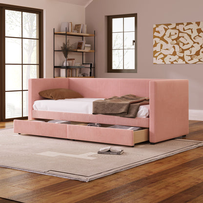 Twin Size Corduroy Daybed With Two Drawers And Wood Slat