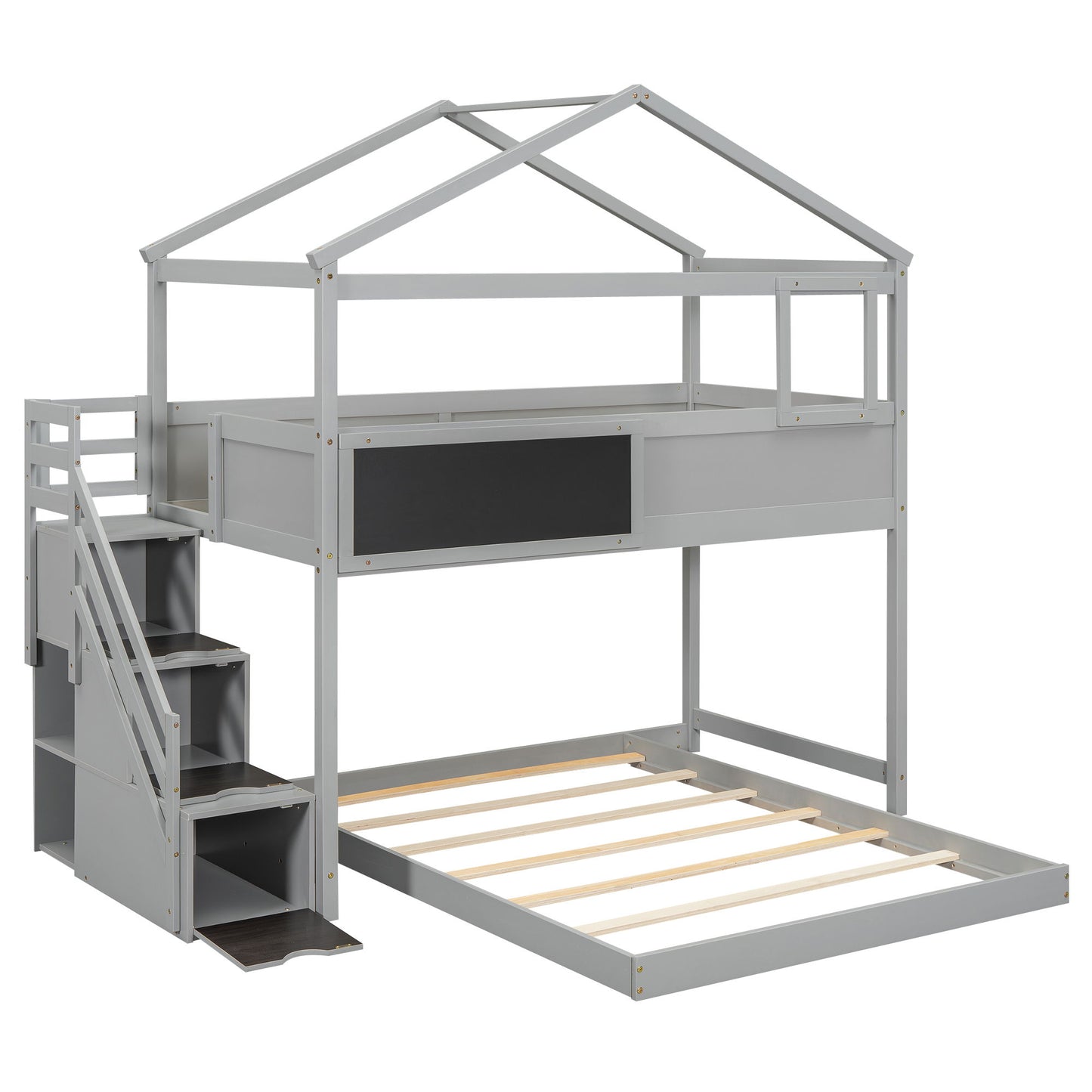 House Style Bunk Bed With Storage Staircase And Blackboard