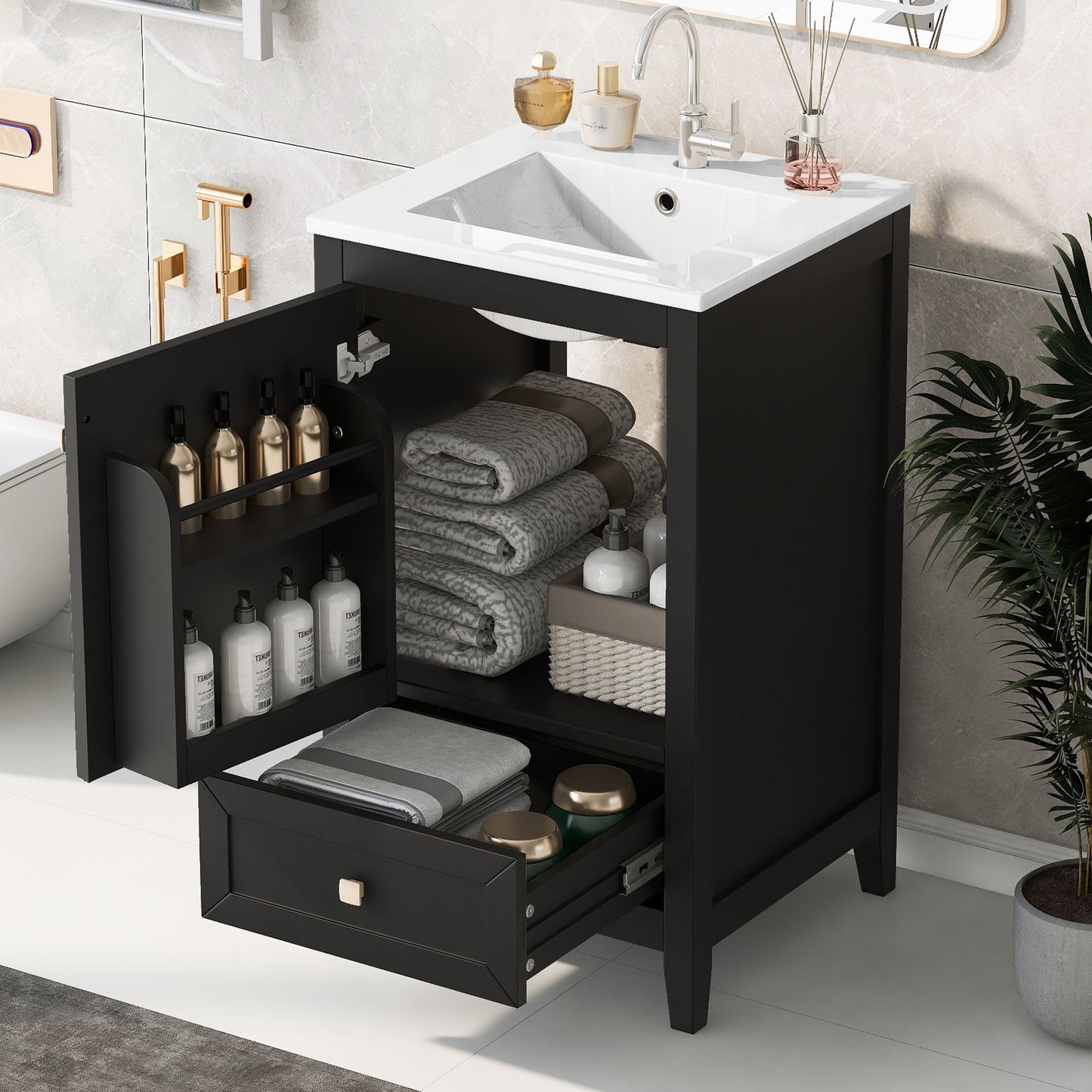 20" Bathroom Vanity With Sink Cabinet With Soft Closing Door, Drawer & Storage Rack - Black