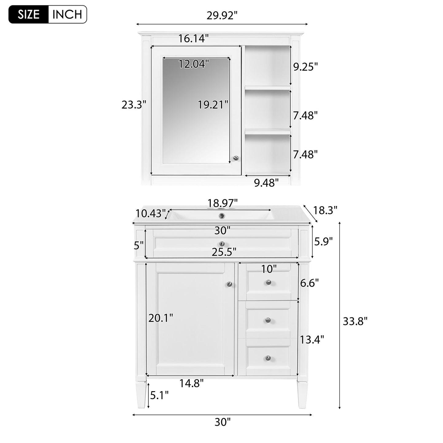Bathroom Vanity With Top Sink, 2 Doors And 3 Drawers, Freestanding Set With Mirror Cabinet