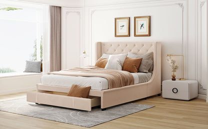 Queen Size Storage Bed Velvet Upholstered Platform Bed With Wingback Headboard And A Big Drawer