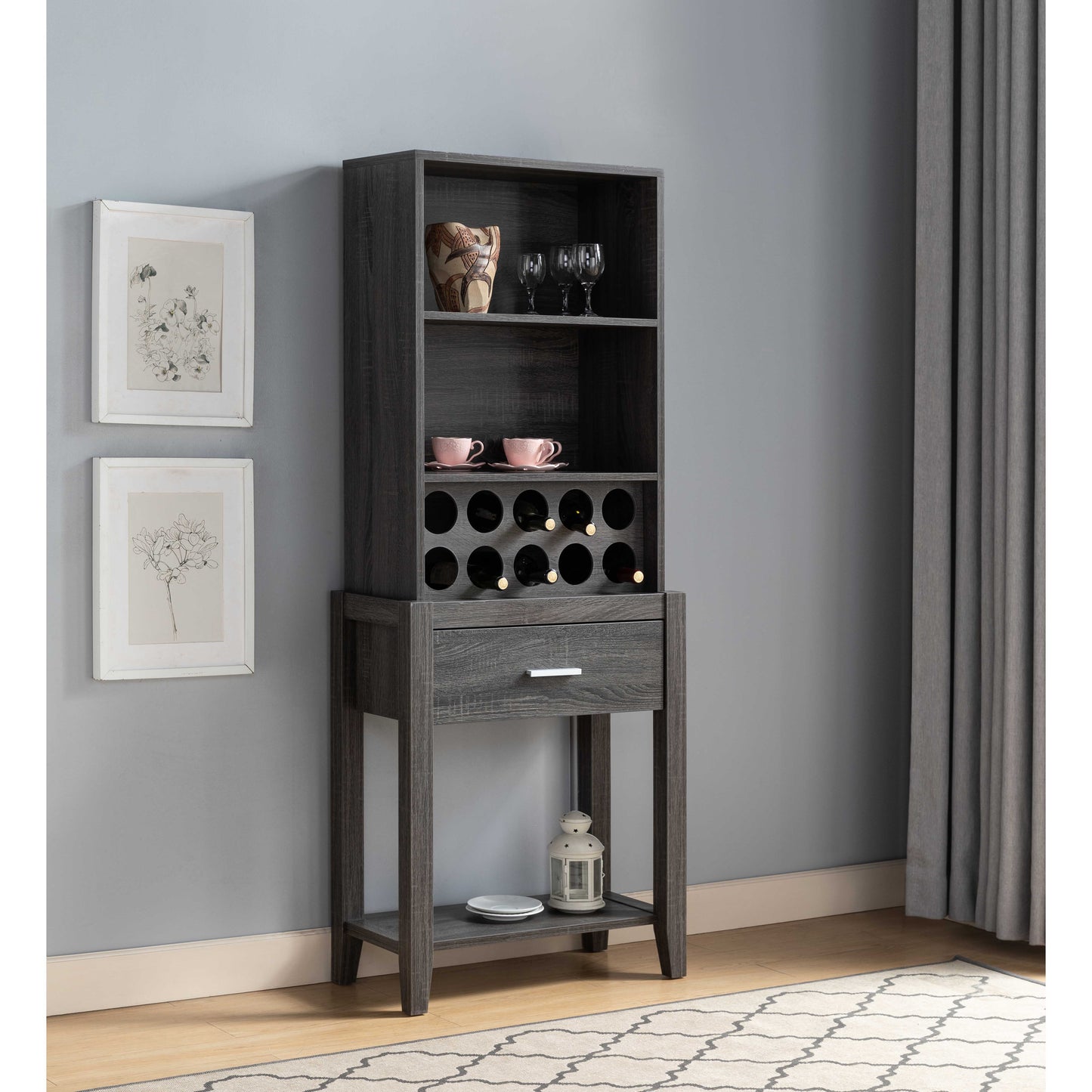 Wine Bar Cabinet, Kitchen Storage Cabinet With Drawer And Open Shelves - Distressed Gray