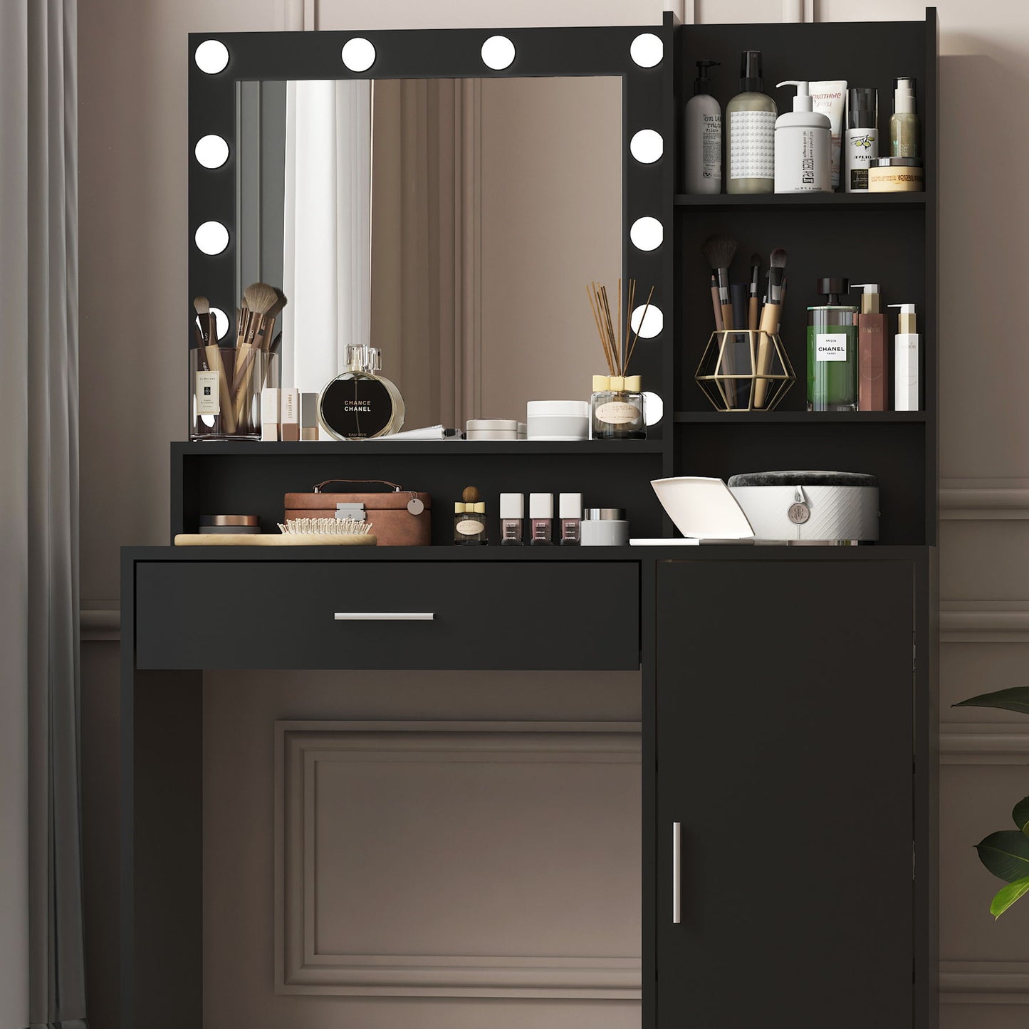 Vanity Desk With Mirror & Light, Large Drawer Three Level Storage Dresser, 3 Lighting Modes Adjustable Brightness, Bedroom Dressing Table