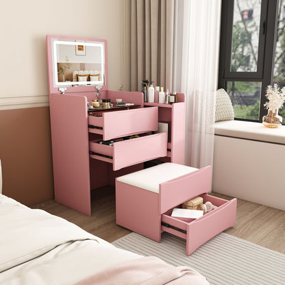 Flip Mirror Vanity Desk With Adjustable LED Lights & Stool For Bedroom