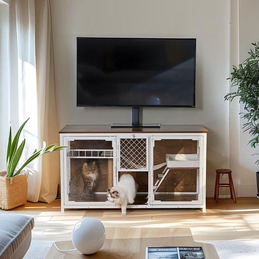 Wooden Cat House, Cat Villa, Cat Cages Indoor, TV Stand With Cat House - White / Vintage