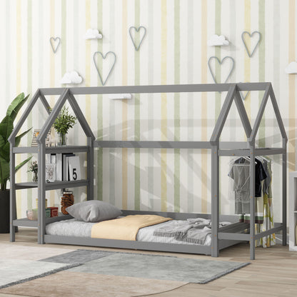 Wood House Bed With Storage Shelf And Hanger, Kids Bedroom Set