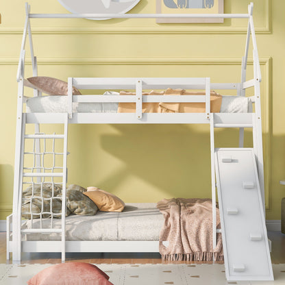 Twin Over Queen House Bunk Bed With Climbing Nets And Climbing Ramp