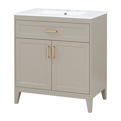30" Bathroom Vanity With Sink Top, Soft Close Double Doors & Tip Out Drawer, Adjustable Interior Shelf, Door Mounted Organizers - Beige