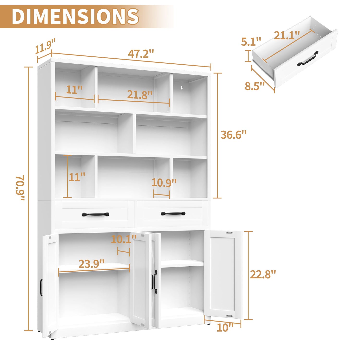 Bookcase Tall With 2 Doors & 2 Drawers, Fixed Open Shelves - White