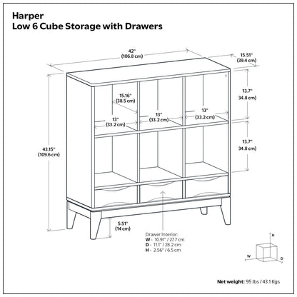 Harper - Low 6 Cube Storage With Drawers - Walnut Brown