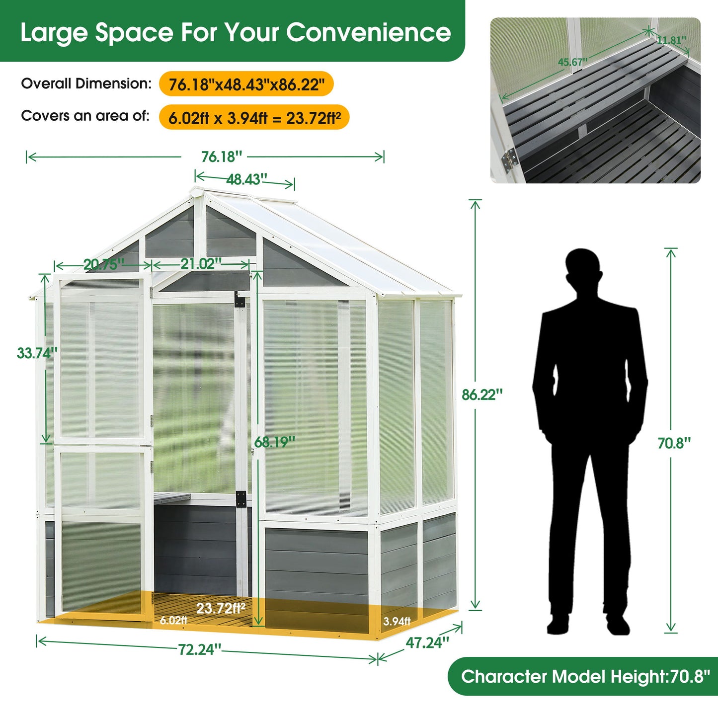 Greenhouse, Wooden Greenhouse Polycarbonate Garden Shed For Plants, Walk-In Outdoor Plant Gardening Greenhouse For Patio Backyard Lawn, Grow House With Front Entry Door - White / Gray