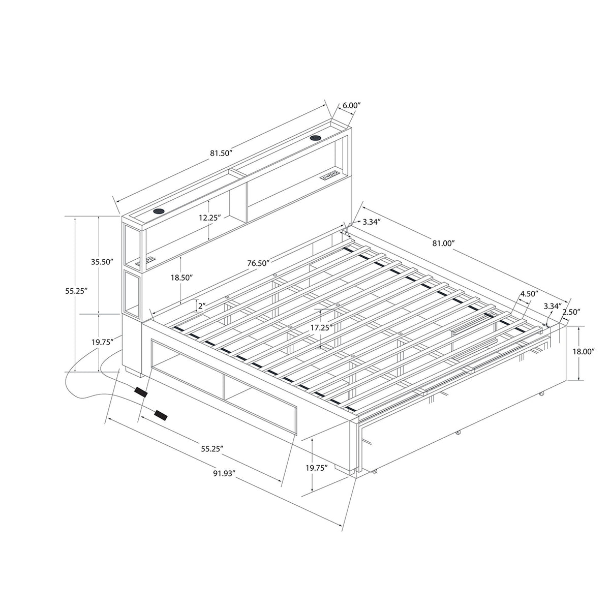 Sacha - Bed With LED And Bookcase Headboard, Built In Siderail Storage