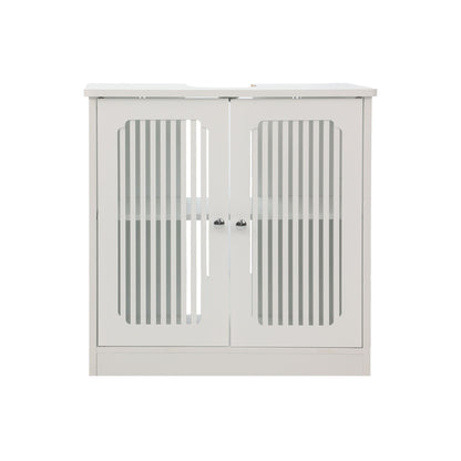 Louvered Double Door Floor Standing Bathroom Vanity Cabinet With Adjustable Shelf - White