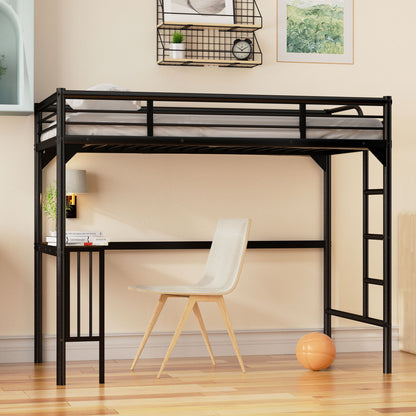 Twin Metal Loft Bed With Desk, Ladder And Guardrails, Bookdesk Under Bed - Black