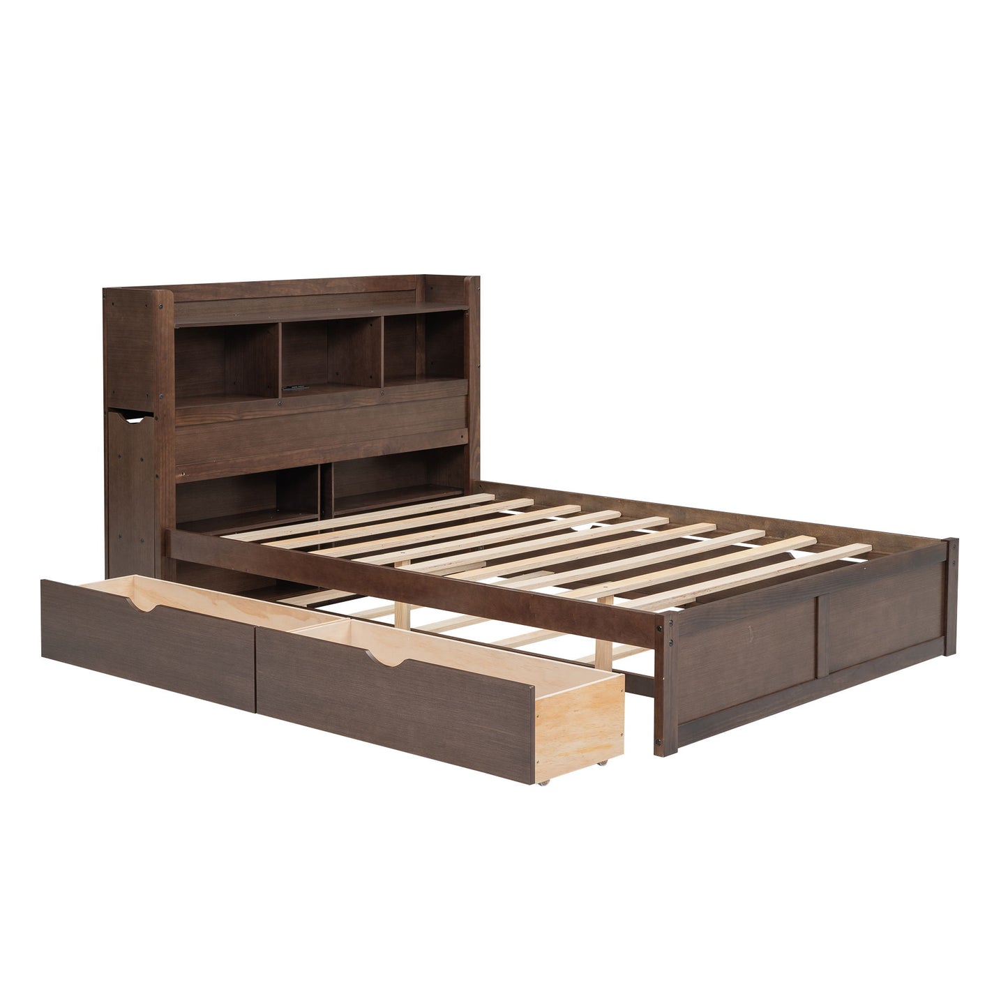 Storage Platform Bed With Pull Out Shelves, Trundle, And 2 Drawers