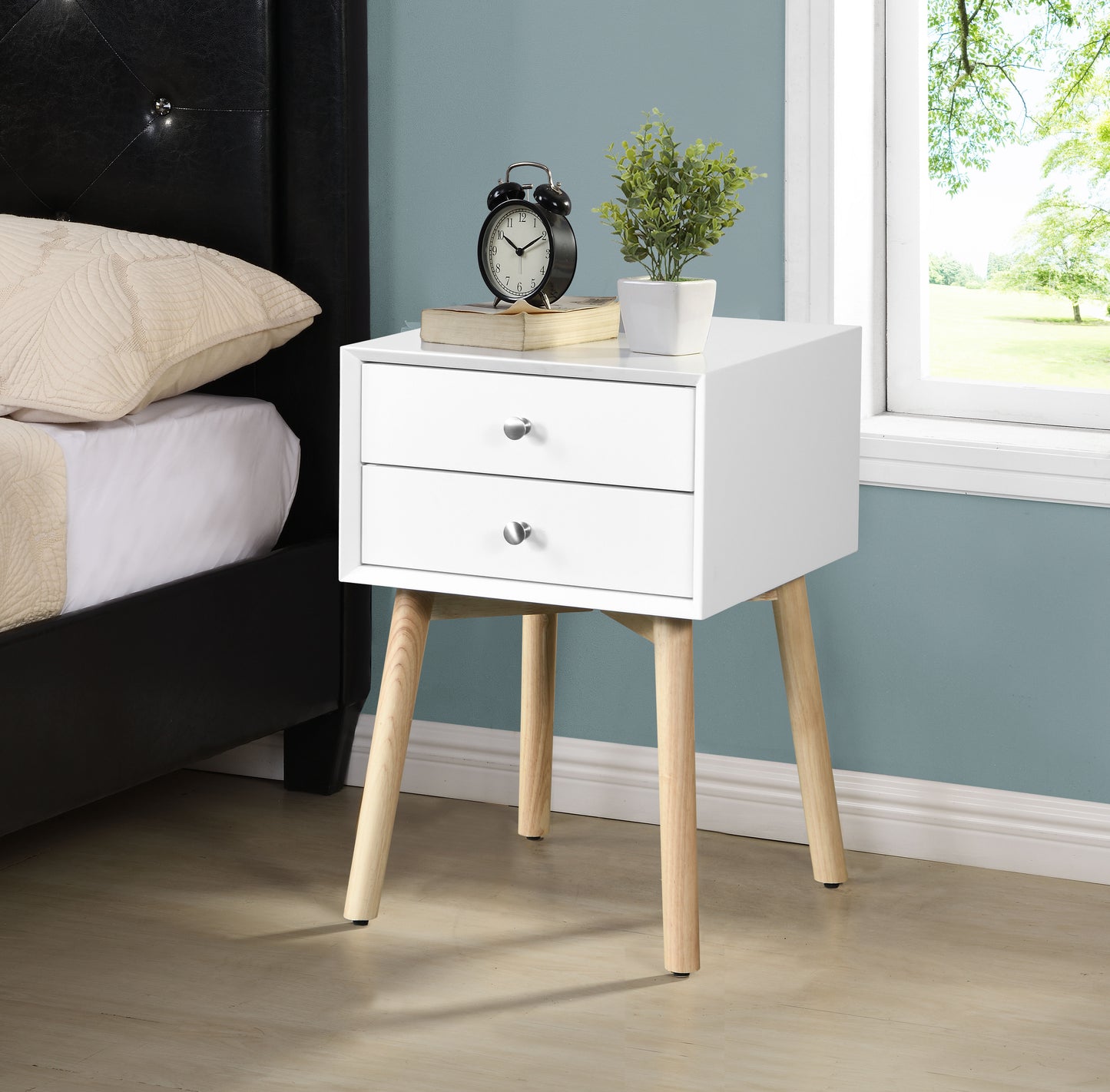 Modern Side Table With 2 Drawer, Mid-Century Storage Cabinet For Bedroom - White