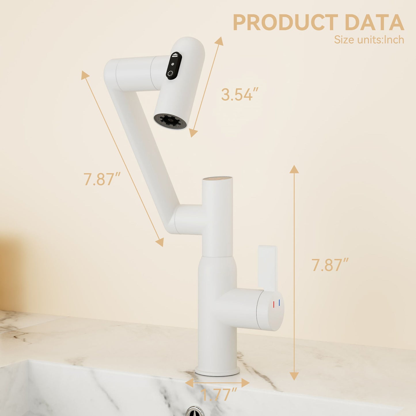 Modern Bathroom Sink Faucet With Spray Function, Temperature Display, Anti Skid Switch, Brass - White