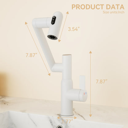 Modern Bathroom Sink Faucet With Spray Function, Temperature Display, Anti Skid Switch, Brass - White