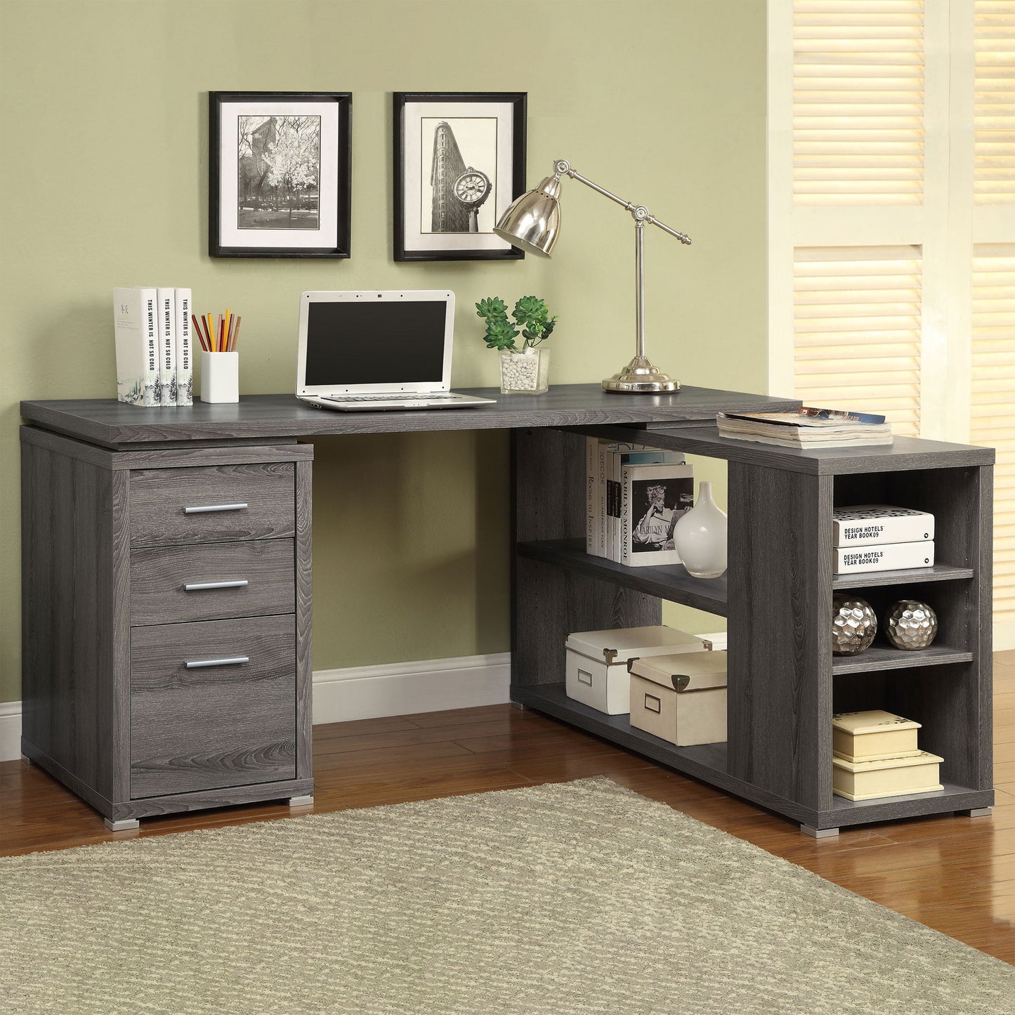 Tona - L-Shape Computer Desk With 3 Drawers And 5 Shelves