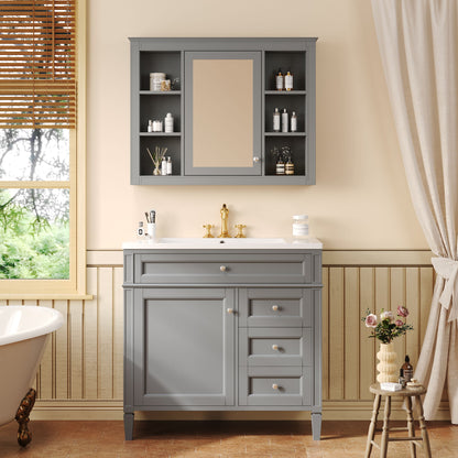 Bathroom Vanity With Top Sink, Storage Cabinet With Mirror, 2 Doors, 3 Drawers, 6 Open Shelves