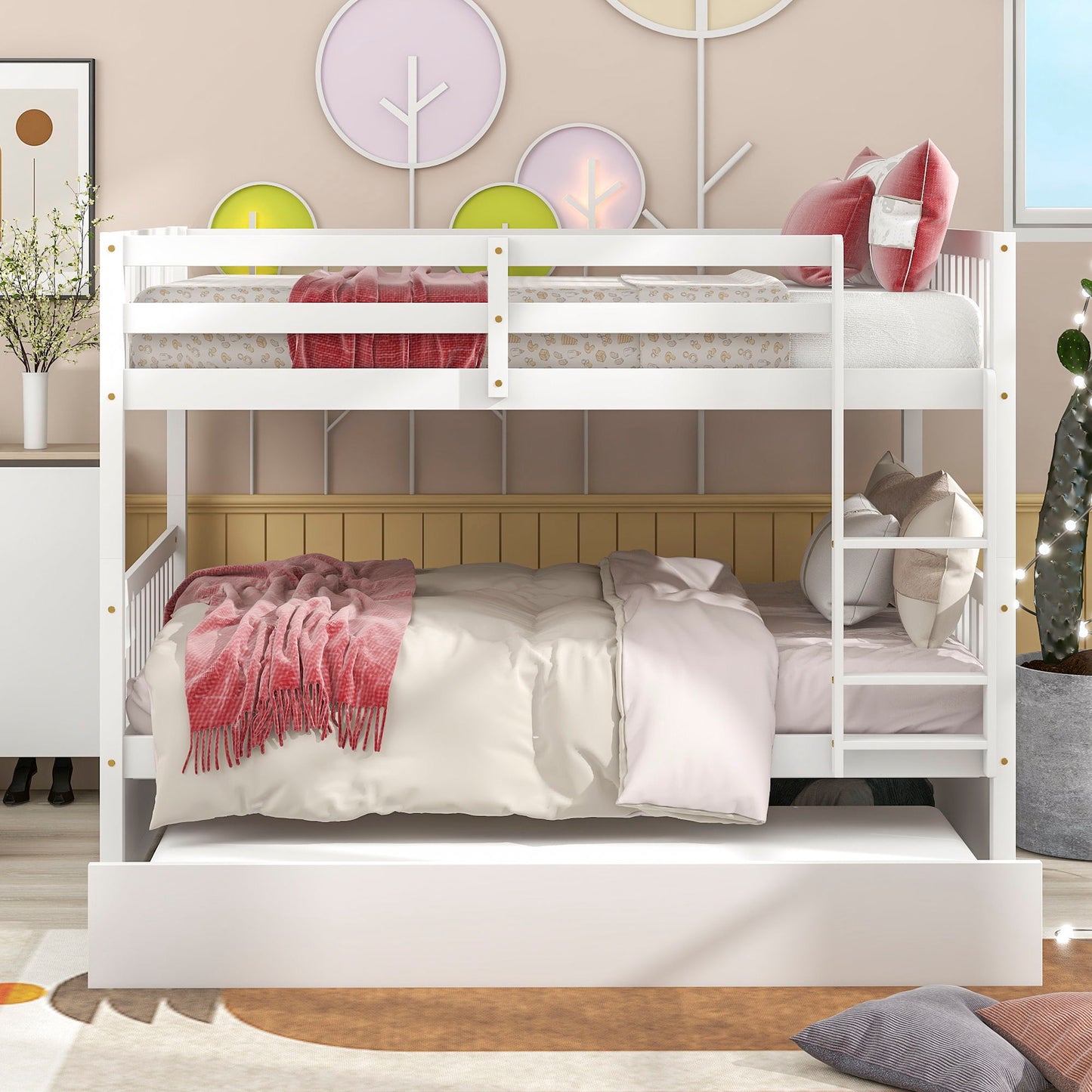 Bunk Bed With Trundle, Convertible To 2 Size Platform Bed, Bunk Bed With Ladder And Safety Rails For Kids